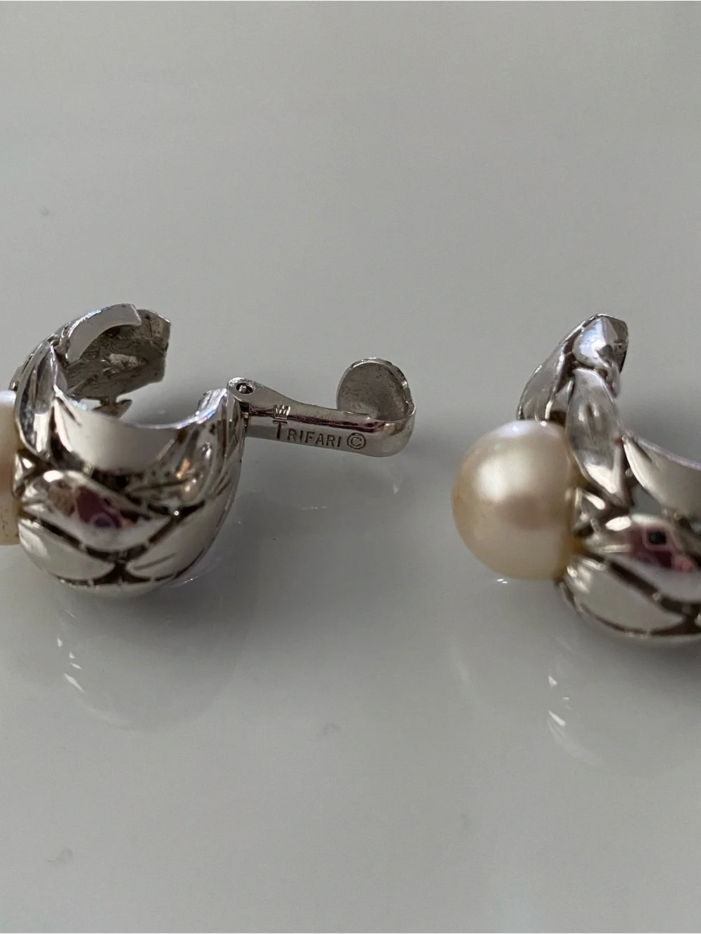Trifari Classic Silver Pearl Clip-On Earrings